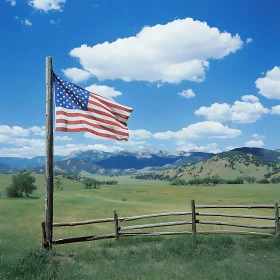 Scenic Landscape with American Flag