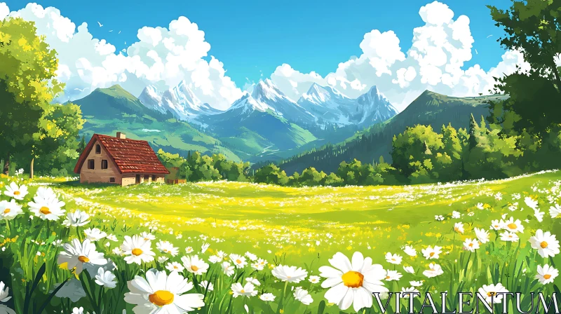 Idyllic Rural Scene with Mountain Backdrop AI Image