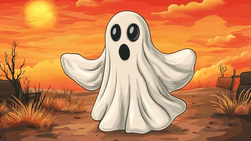 Cartoon Ghost at Sunset