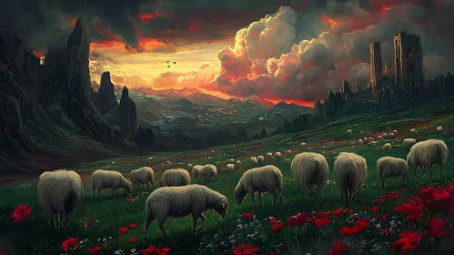 Pastoral Sheep Scene with Mountain Backdrop