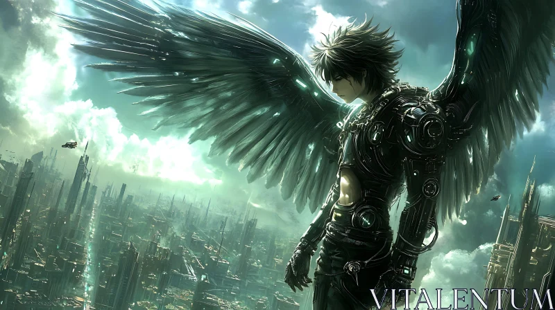 Cyberpunk Angel Overlooking Metropolis AI Image