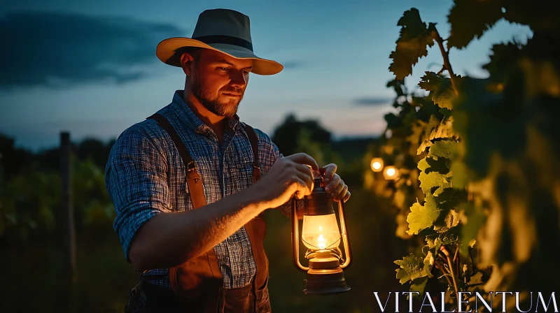 Man with Lantern in Vineyard AI Image