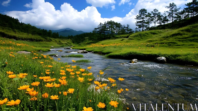 AI ART Tranquil River Scene with Wildflowers