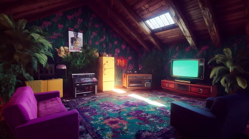 Retro Interior with Floral Wallpaper