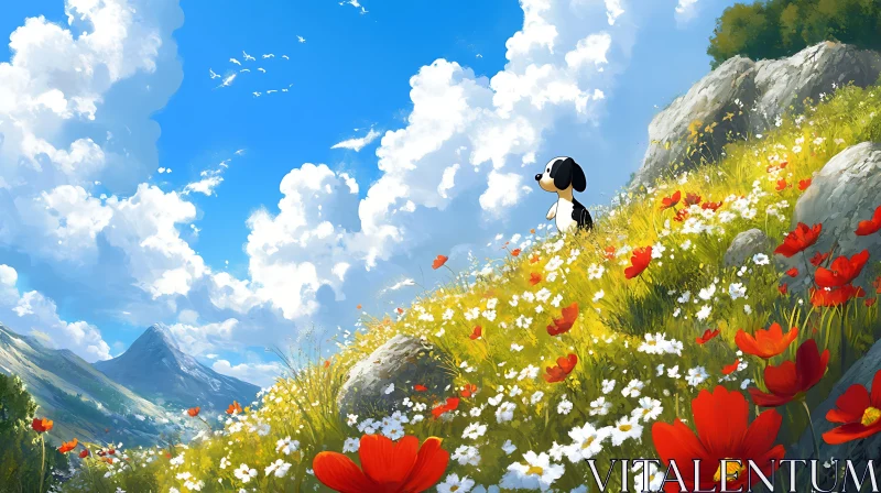 Cartoon Dog in Floral Landscape AI Image