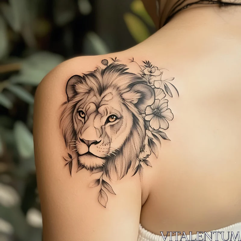 Intricate Lion and Flower Tattoo on Shoulder AI Image