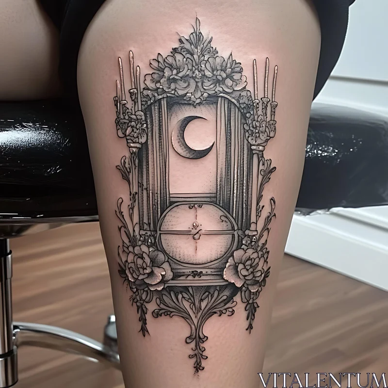 Intricate Floral Moon Tattoo Design AI Image