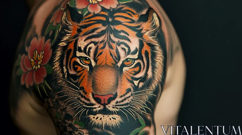 Tiger and Flower Tattoo on Shoulder AI Image