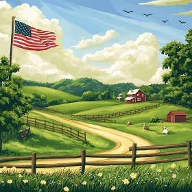 Rural Farm with American Flag