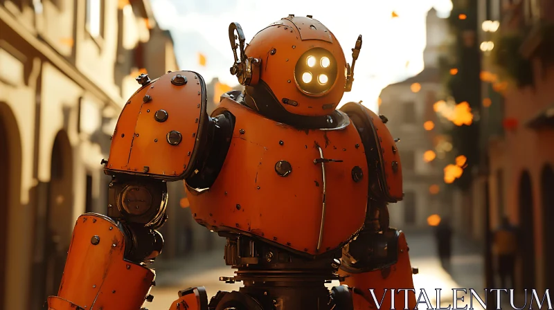 Steampunk Robot in Urban Setting AI Image