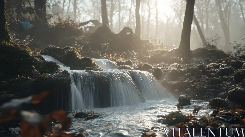 AI ART Tranquil Woodland Stream with Soft Sunlight