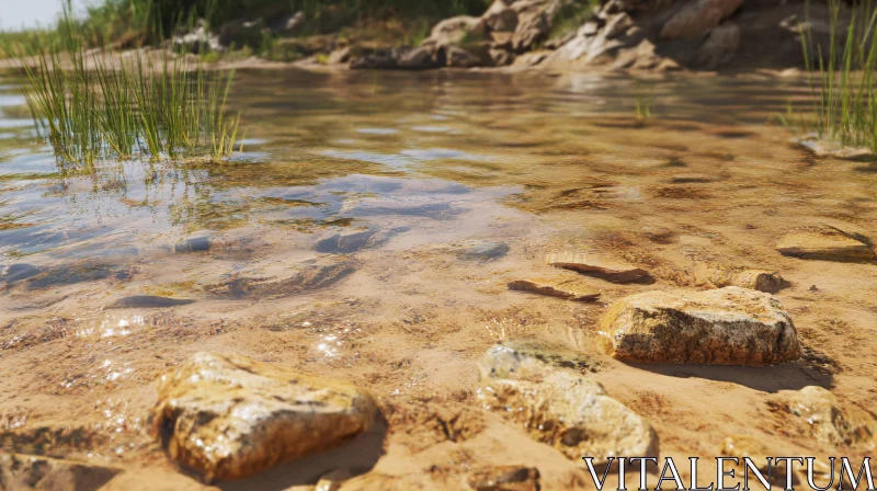 Serene Lakeshore with Glimmering Water and Rocks AI Image