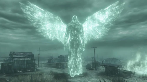 Glowing Angel in Desolate Landscape