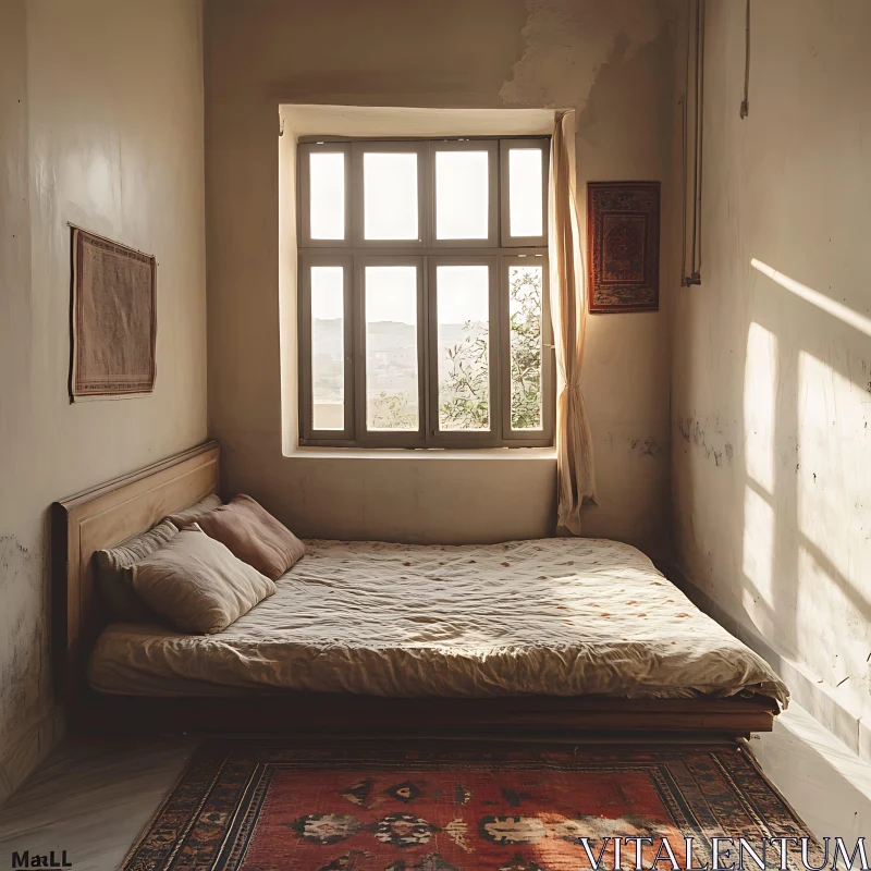 AI ART Sunlit Bedroom with Vintage Rug