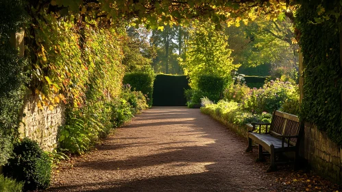 Sunlit Garden Pathway with Wooden Bench