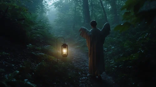 Winged Figure in Forest with Lantern