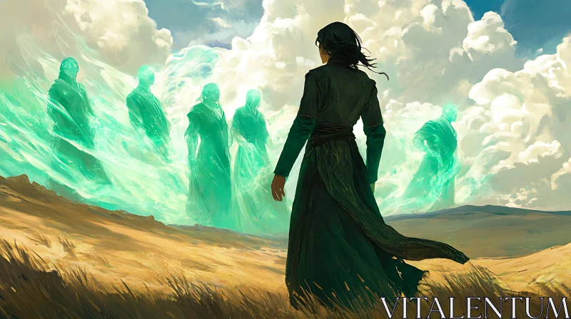 AI ART Woman Facing Ghosts in Open Field