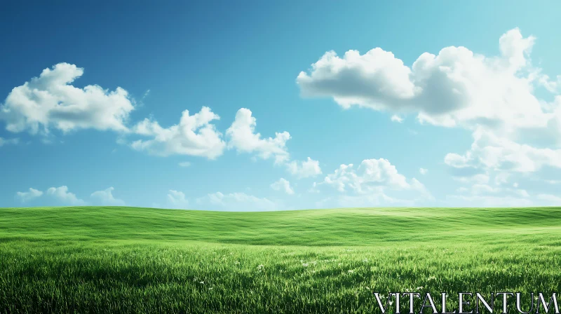 Peaceful Green Field Under Blue Sky AI Image