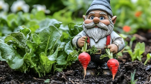 Gnome Holding Radishes in Garden