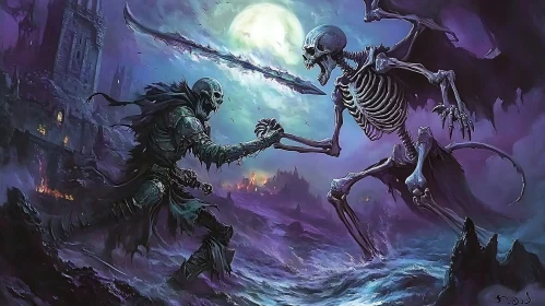 Moonlit Duel of Winged Skeletons
