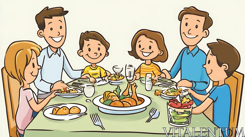 Cartoon Family Dinner Illustration AI Image