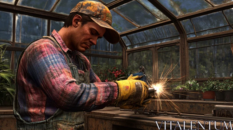 Man Welding in Greenhouse AI Image