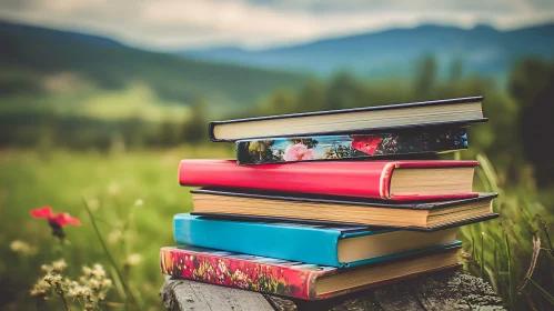 Colorful Books on Wood in a Field