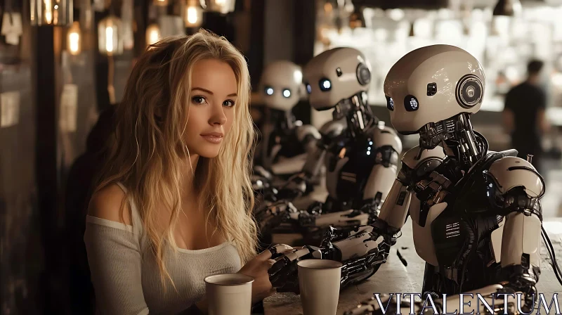 Robots and Woman in Cafe AI Image