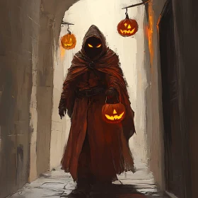 Cloaked Figure with Pumpkins on Halloween