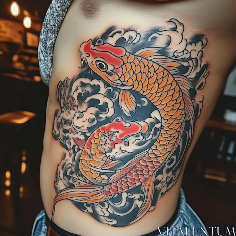 Intricate Koi Fish and Waves Body Art AI Image