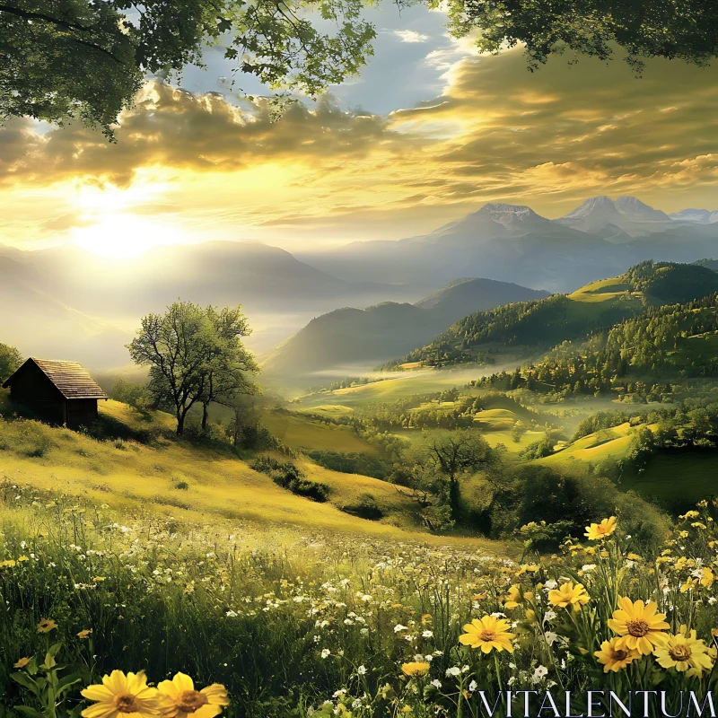 AI ART Golden Meadow and Mountain View