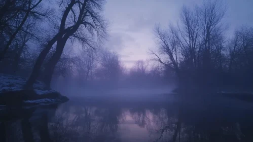 Twilight Mist over Serene Lake with Reflective Bare Trees