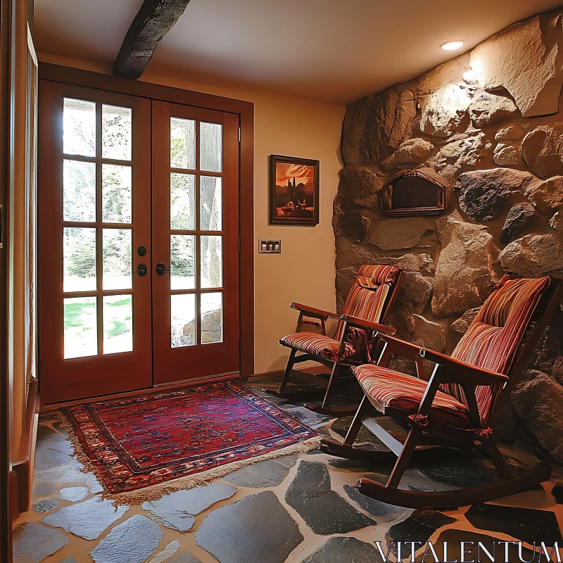 Cozy Stone Wall Interior Scene AI Image