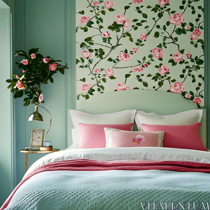 AI ART Pastel Bedroom with Pink Floral Accents