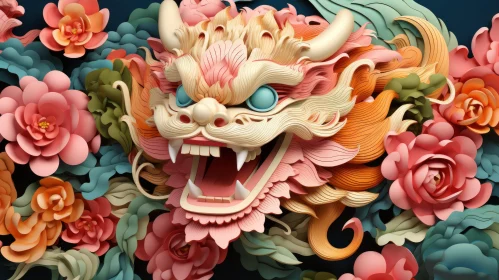 Floral 3D Dragon - A Fusion of Yokai Illustration and Chinese Iconography