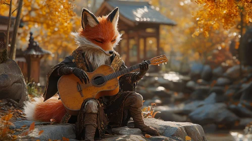 Fox Playing Guitar in Autumn Landscape