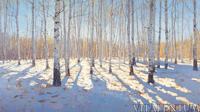 Winter Birch Woods with Snow and Sunlight AI Image