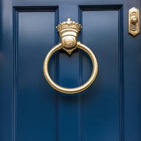 Elegant Gold Door Knocker on Blue Panel Door