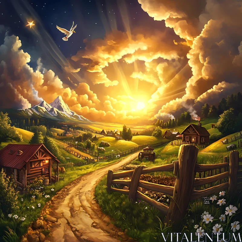 Golden Hour Village Scene with Dove AI Image