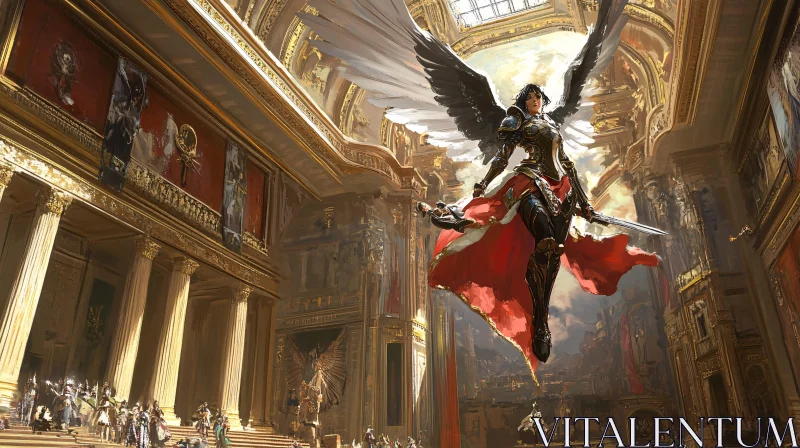 Winged Warrior in Grandiose Hall AI Image