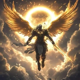 Heavenly Warrior Angel Golden Wings Art