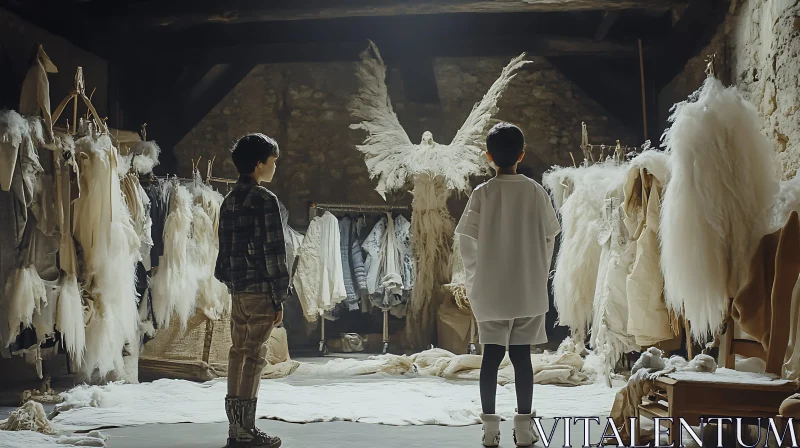 Children and Angel Sculpture in Attic AI Image