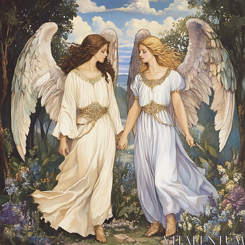 Angels Holding Hands in Garden Art AI Image