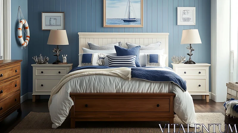 Coastal Style Bedroom with Blue Accents AI Image