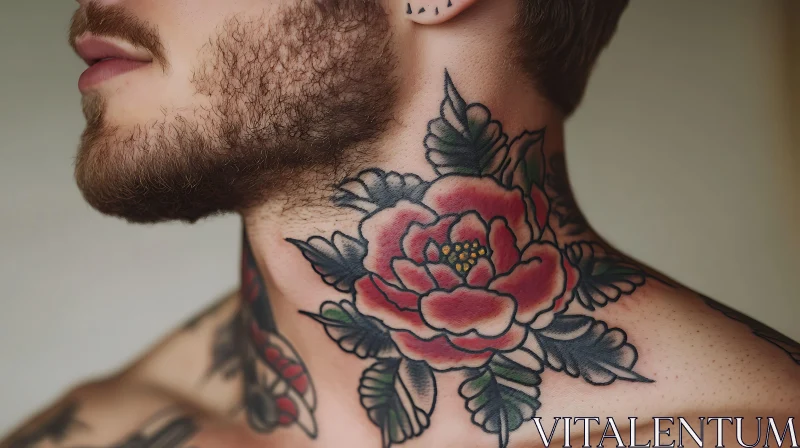 Vibrant Rose Tattoo on Neck AI Image