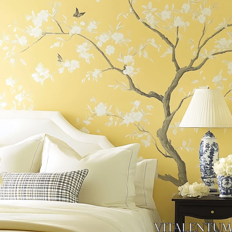 AI ART Serene Bedroom Interior with Floral Accents