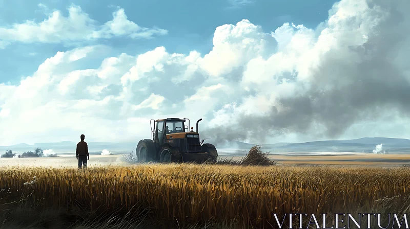 Rural Landscape with Tractor in Field AI Image