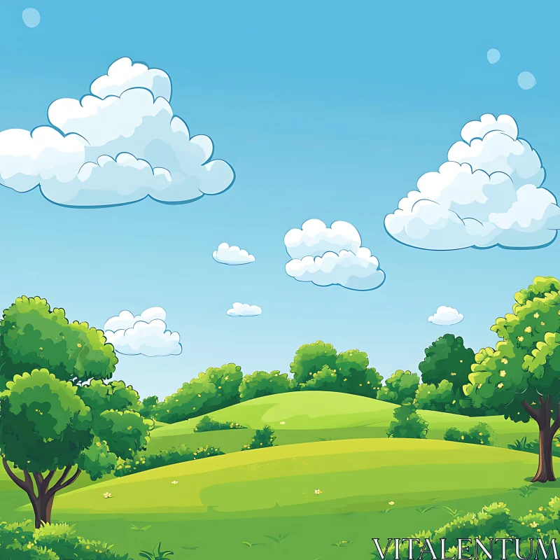 AI ART Landscape with Green Hills and Clouds