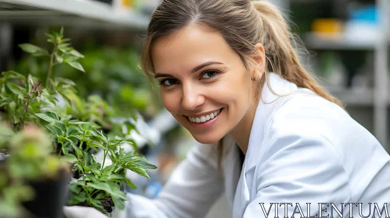 Smiling Woman with Green Plants AI Image