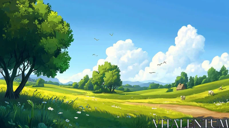 Green Meadow and Cloudy Sky Landscape AI Image